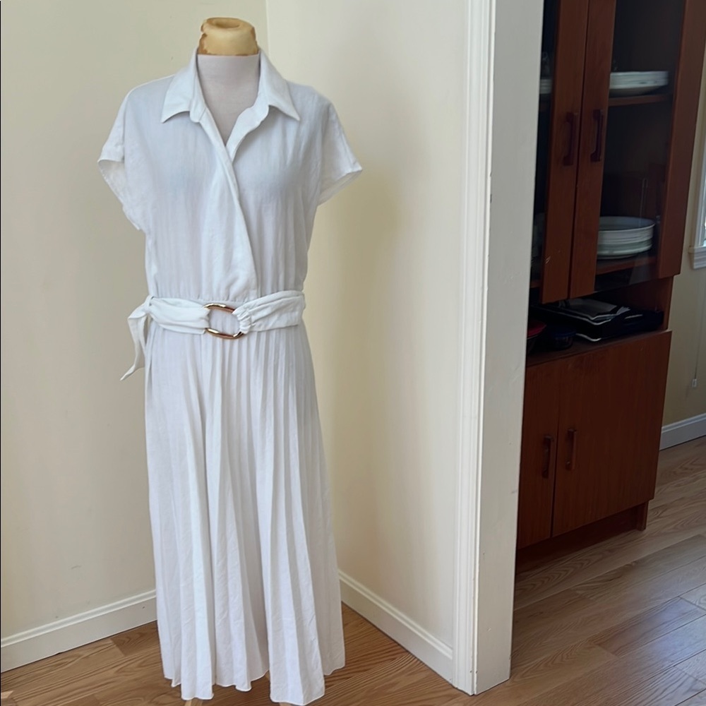 Zara large ecru pleated Belted crossover Dress.
